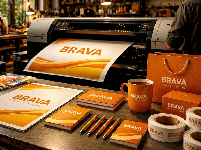 “Material impreso y aplicaciones visuales para comunicación de marca.”